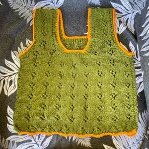 Vintage Chunky HandKnit Olive Green, Orange Tank Top